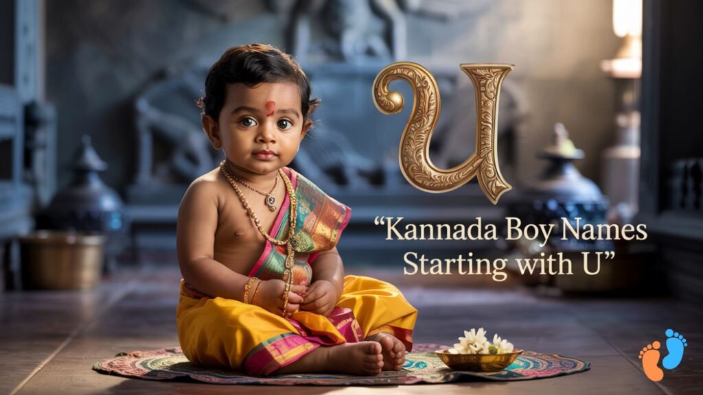 Kannada boy names starting with U – traditional baby in South Indian attire with decorative letter U